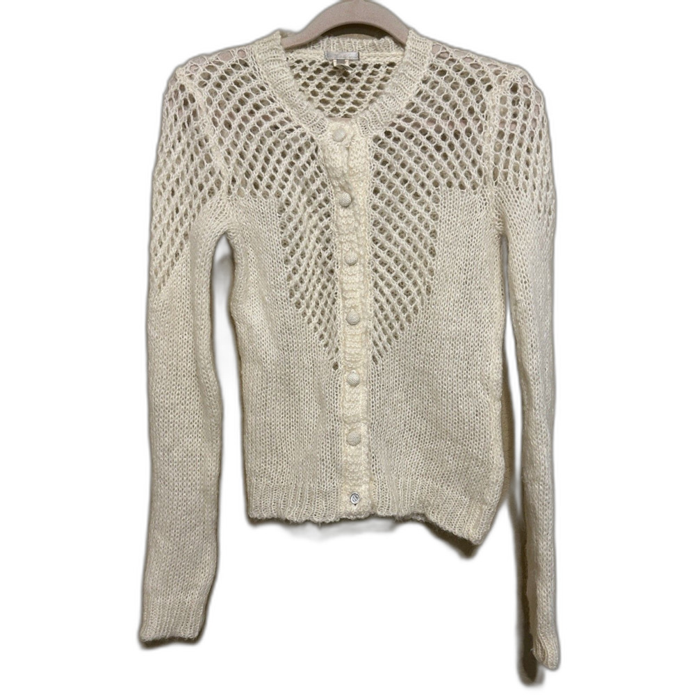 Vintage Wool Blend Cardigan Sweater Womens Medium Cream Open Knit